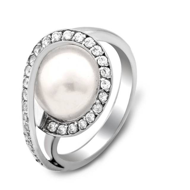 Кольцо из белого золота с бриллиантами и жемчугом (022281)