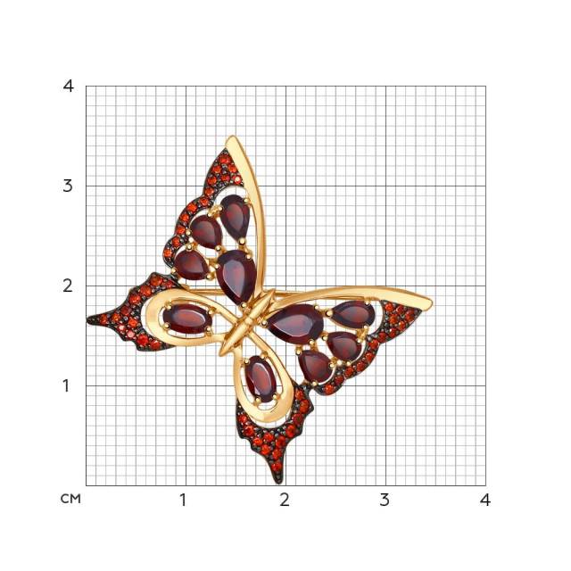 Брошь из красного золота с гранатами и фианитами (042317)