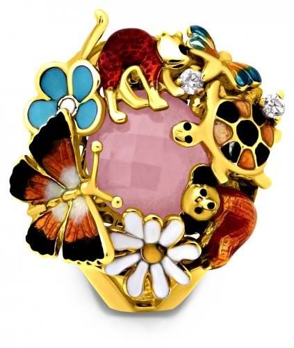 Кольцо из жёлтого золота с бриллиантами, розовым кварцем и эмалью 17.5