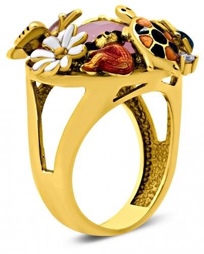 Кольцо из жёлтого золота с бриллиантами, розовым кварцем и эмалью 17.5