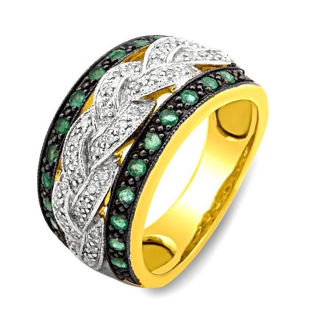 Кольцо из комбинированного золота с бриллиантами и изумрудами (017655)