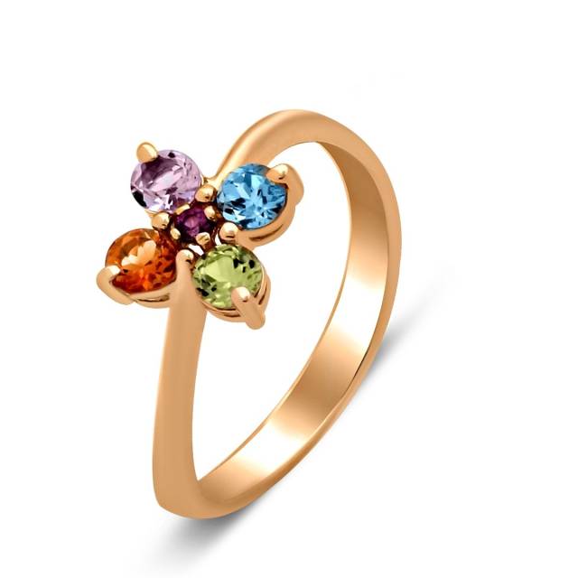 Кольцо из красного золота с цветными полудрагоценными камнями (028029)