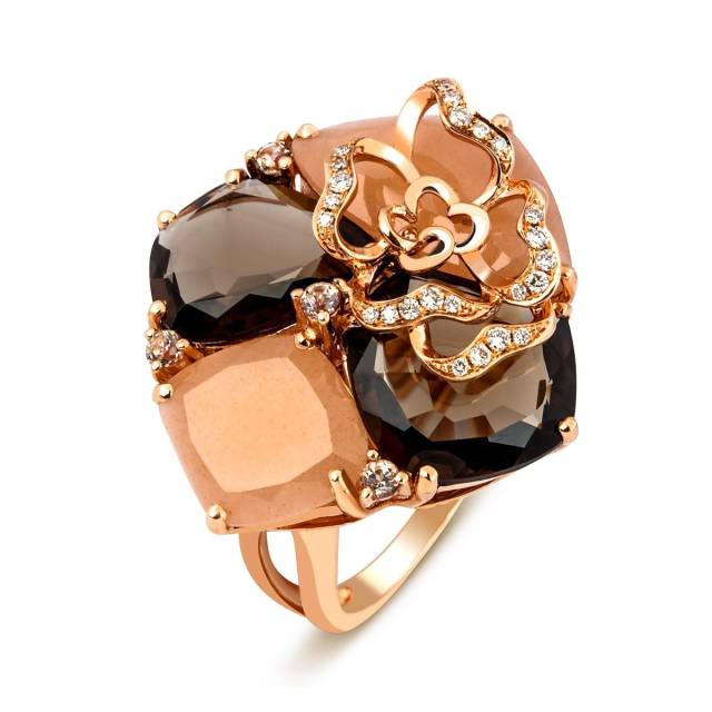 Кольцо с бриллиантами и полудрагоценными камнями из красного золота (015272)
