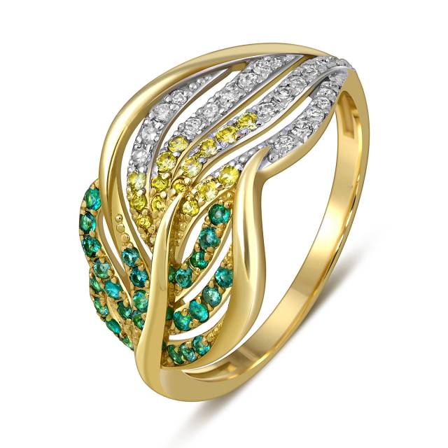 Кольцо из жёлтого золота с бриллиантами, изумрудами и жёлтыми сапфирами (059566)