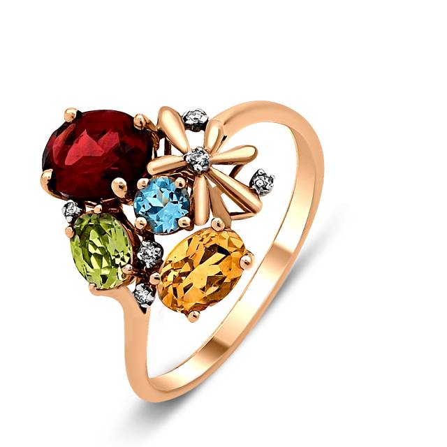 Кольцо из красного золота с бриллиантами и цветными полудрагоценными камнями (021104)