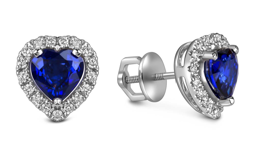 Серьги пусеты из белого золота с бриллиантами и сапфирами Сердце (060565)