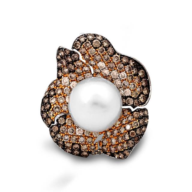 Кольцо из белого золота с бриллиантами и жемчугом (019922)