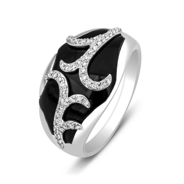 Кольцо из белого золота с бриллиантами и ониксом (012867)
