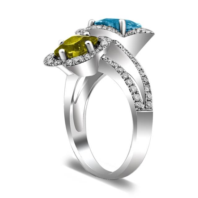 Кольцо из белого золота с бриллиантами, топазом и хризолитом (018611)