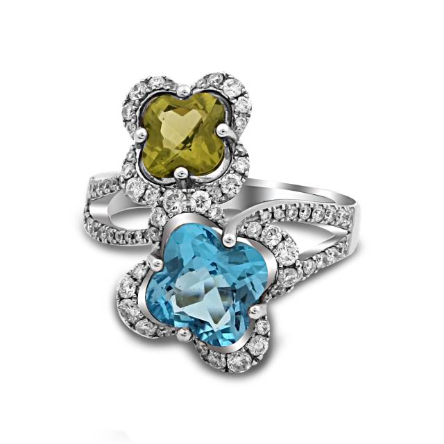 Кольцо из белого золота с бриллиантами, топазом и хризолитом (018611)