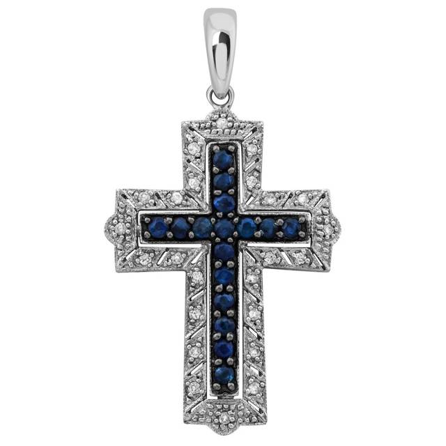 Кулон крест из белого золота с бриллиантами и сапфирами (018794)