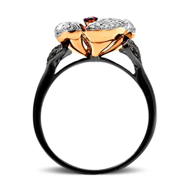 Кольцо из комбинированного золота с бриллиантами, тсаваритами и розовым сапфиром (011456)