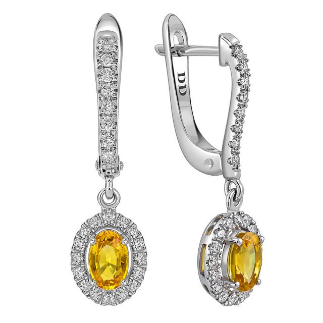 Серьги из белого золота с бриллиантами и жёлтыми сапфирами (062777)