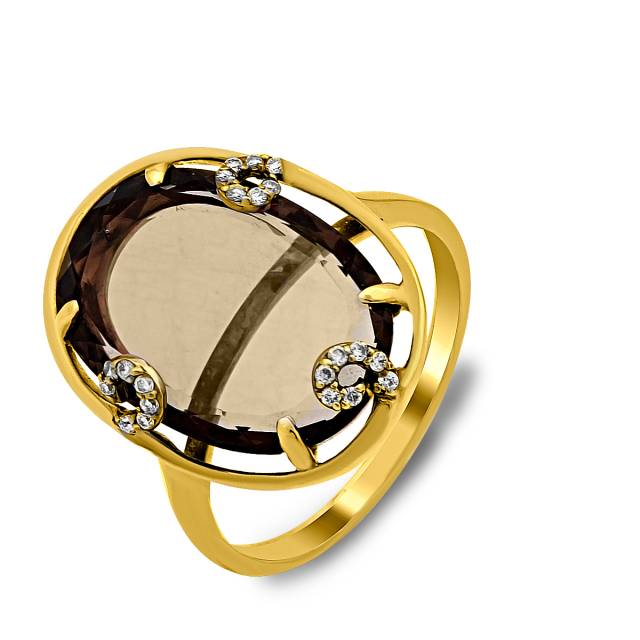 Кольцо из жёлтого золота с бриллиантами и раух-топазом (020379)