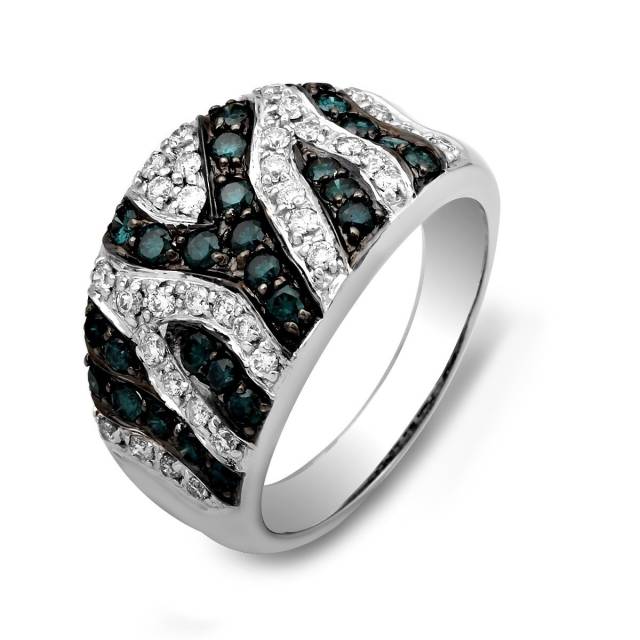 Кольцо из белого золота с бриллиантами и голубыми бриллиантами (019864)