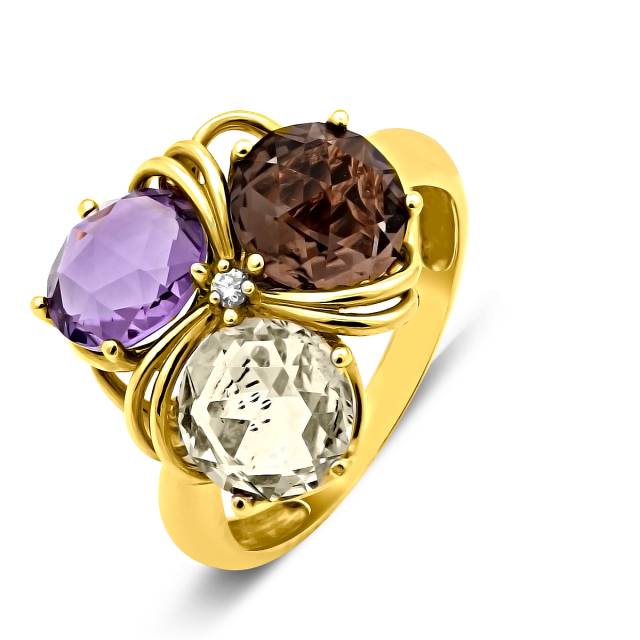 Кольцо из жёлтого золота с бриллиантами и полудрагоценными камнями (002814)