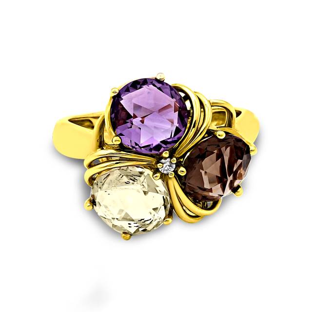 Кольцо из жёлтого золота с бриллиантами и полудрагоценными камнями (002814)