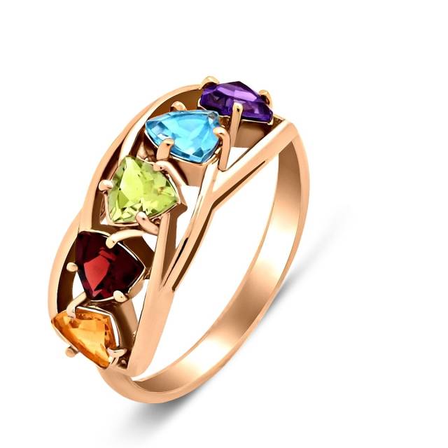 Кольцо из красного золота с цветными полудрагоценными камнями (028022)