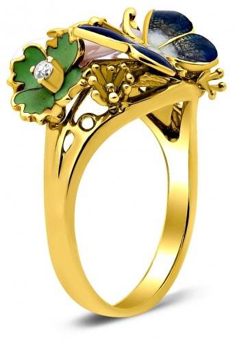 Кольцо из жёлтого золота с бриллиантами, сердоликом и эмалью 17.75