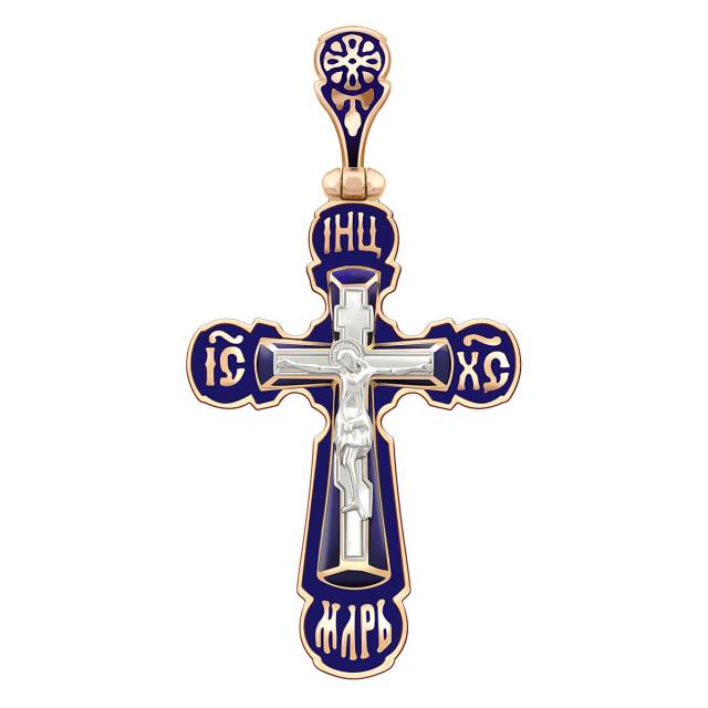 Кулон крест из комбинированного золота с эмалью (038558)