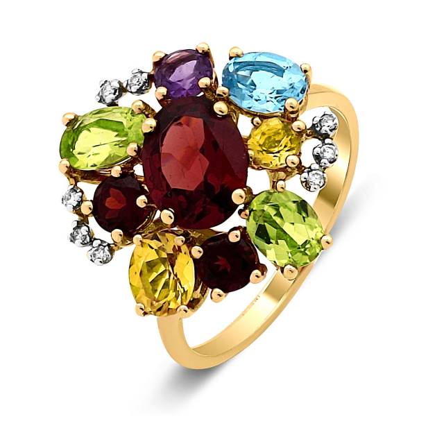 Кольцо из жёлтого золота с бриллиантами и полудрагоценными камнями (019932)