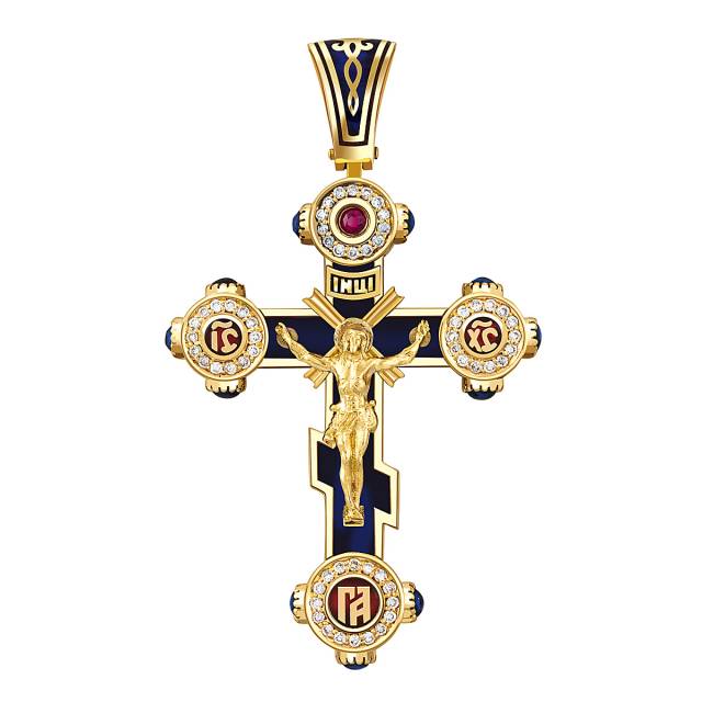 Кулон крест из жёлтого золота с бриллиантами, сапфирами и рубином (049368)