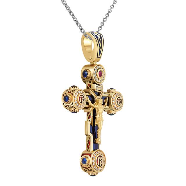 Кулон крест из жёлтого золота с бриллиантами, сапфирами и рубином (049368)