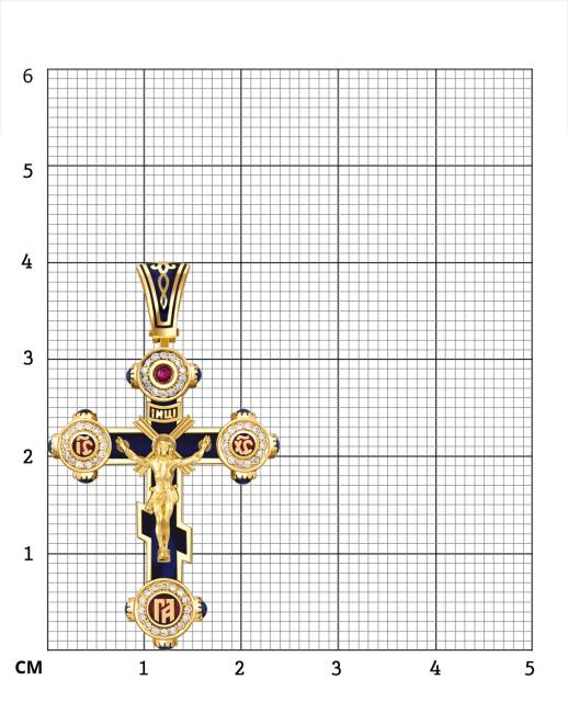 Кулон крест из жёлтого золота с бриллиантами, сапфирами и рубином (049368)
