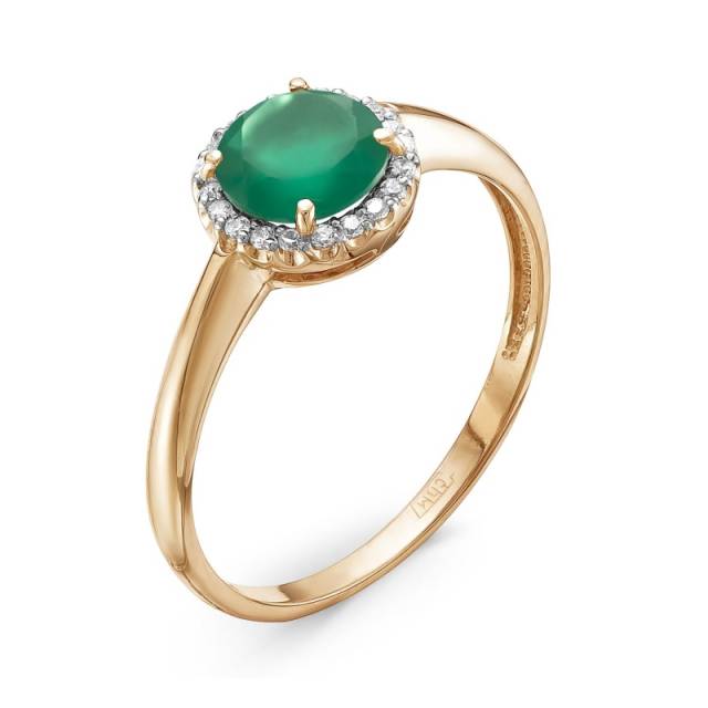 Кольцо из красного золота с бриллиантами и зелёным агатом (039974)