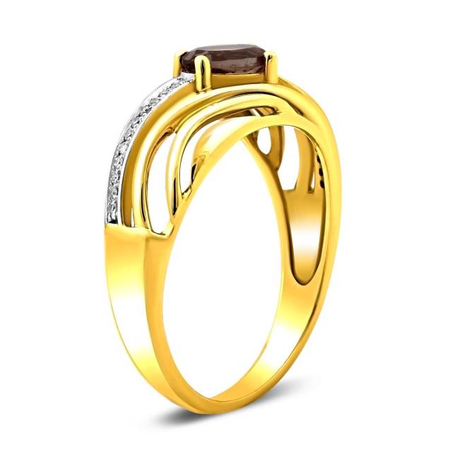 Кольцо из жёлтого золота с бриллиантами и дымчатым кварцем (011472)