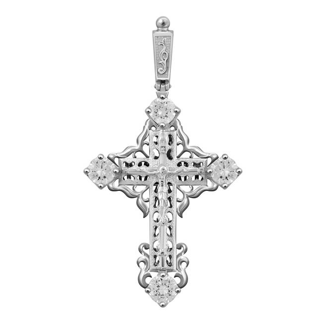 Кулон крест из белого золота с бриллиантом и фианитами (037414)