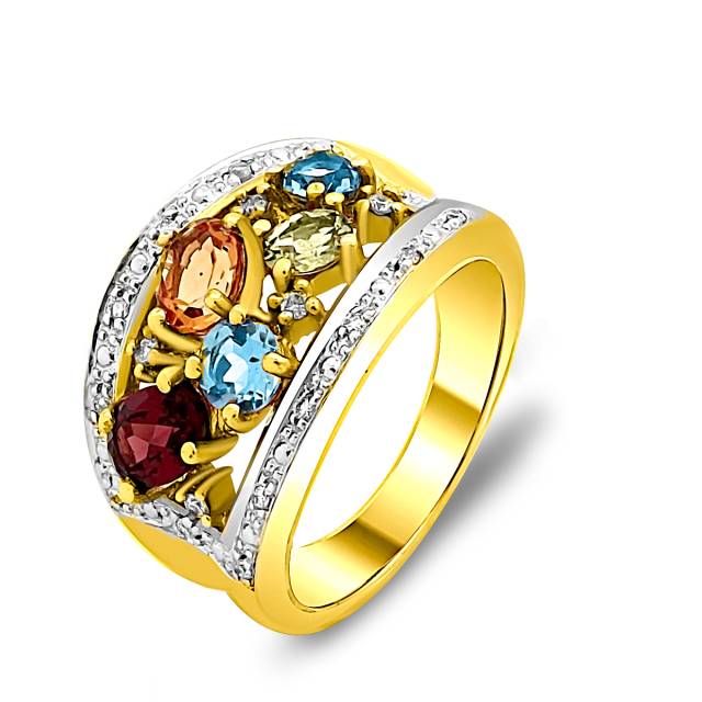 Кольцо из жёлтого золота с бриллиантами и цветными полудрагоценными камнями (023556)