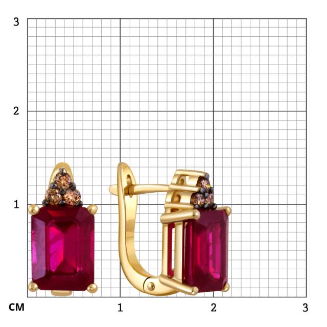 Серьги из жёлтого золота с коричневыми бриллиантами и рубинами (052082)