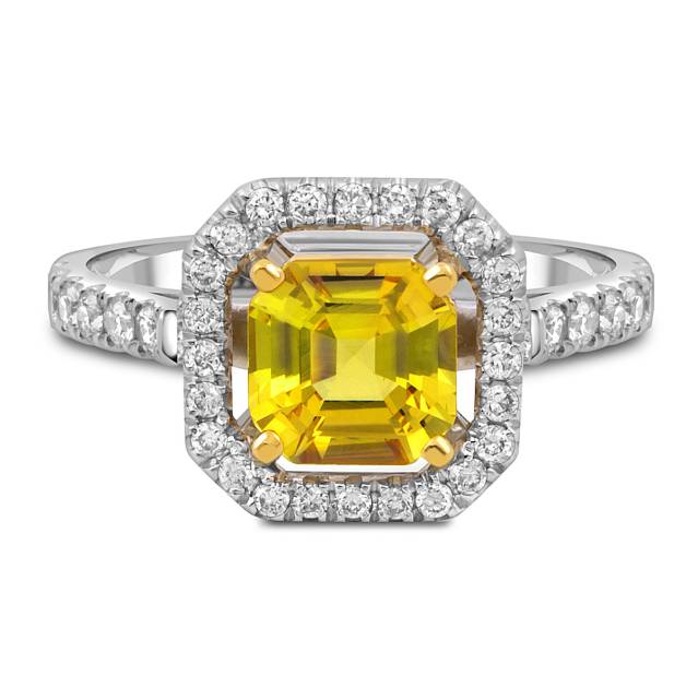 Кольцо из белого золота с бриллиантами и жёлтым сапфиром (050533)