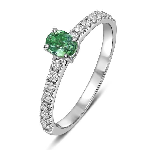 Кольцо из белого золота с бриллиантами и зелёным сапфиром (063720)