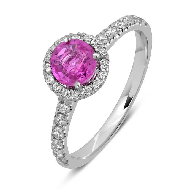 Кольцо из белого золота с бриллиантами и розовым сапфиром (052530)