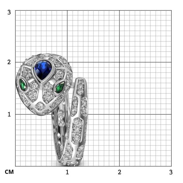 Кольцо из белого золота с бриллиантами, сапфиром и изумрудами (053792)