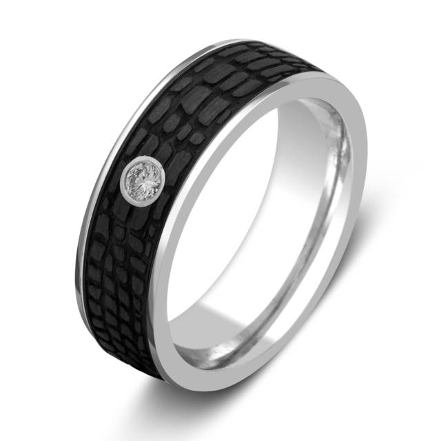 Обручальное кольцо из белого золота с бриллиантом и карбоном (026011)