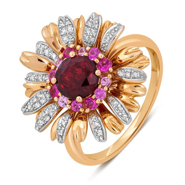 Кольцо из комбинированного золота с бриллиантами, розовыми сапфирами и гранатом (049460)