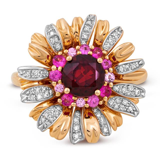 Кольцо из комбинированного золота с бриллиантами, розовыми сапфирами и гранатом (049460)