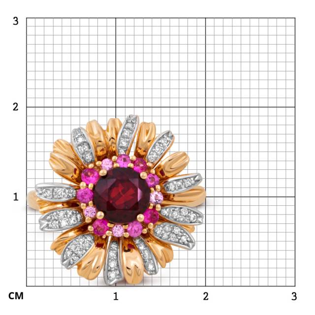 Кольцо из комбинированного золота с бриллиантами, розовыми сапфирами и гранатом (049460)