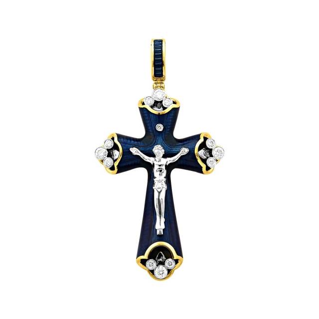 Кулон крест из комбинированного золота с бриллиантами и эмалью (025670)