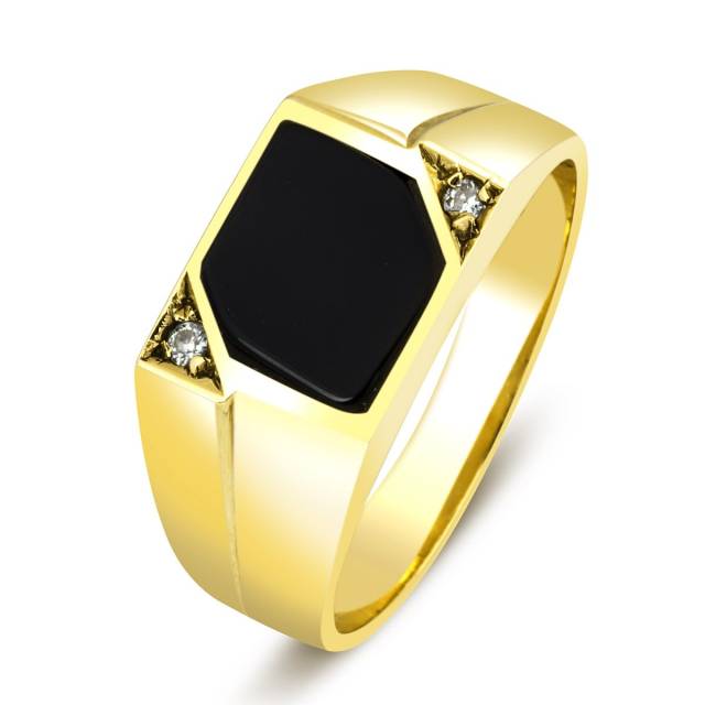 Кольцо мужское из жёлтого золота с ониксом и фианитами (018344)