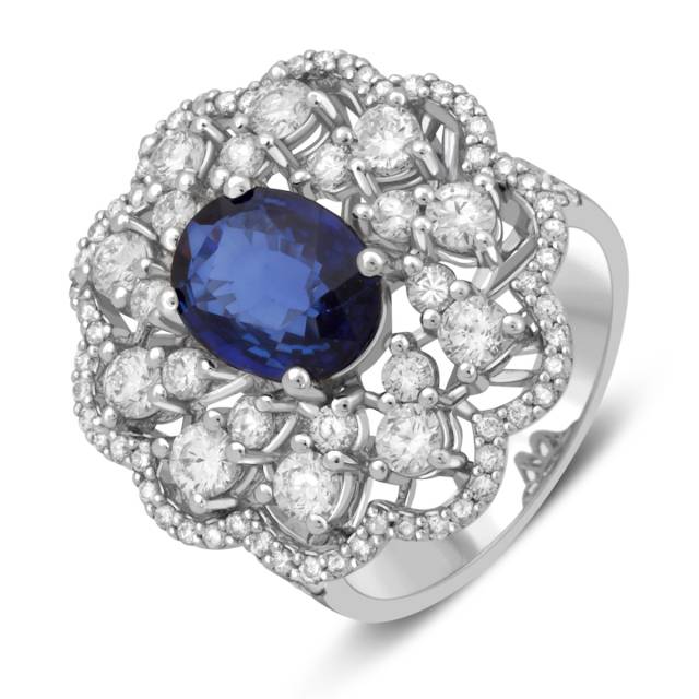 Эксклюзивное кольцо с сапфиром и бриллиантами из белого золота (012500)