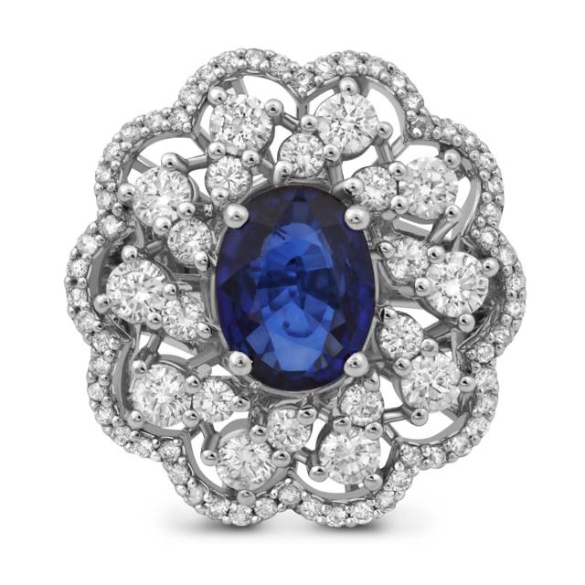 Эксклюзивное кольцо с сапфиром и бриллиантами из белого золота (012500)
