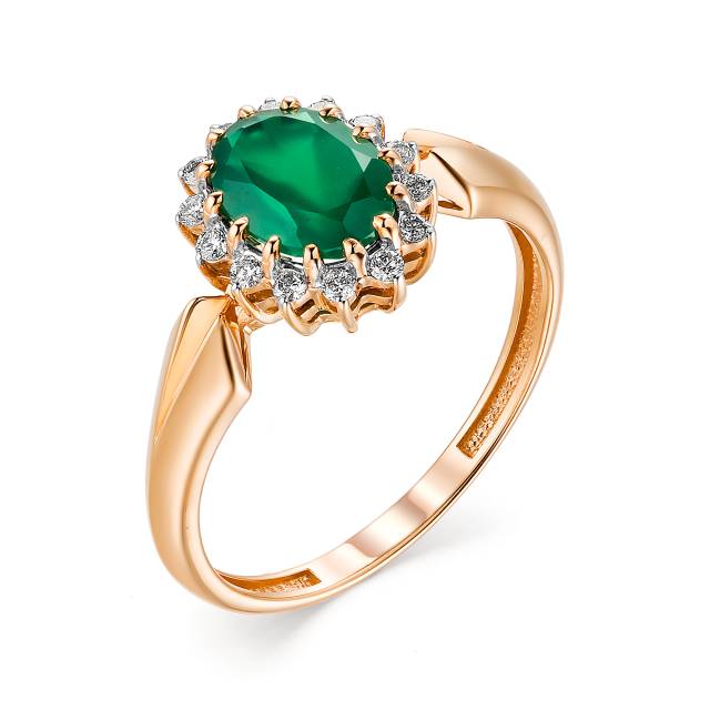 Кольцо из красного золота с бриллиантами и зелёным агатом (040437)