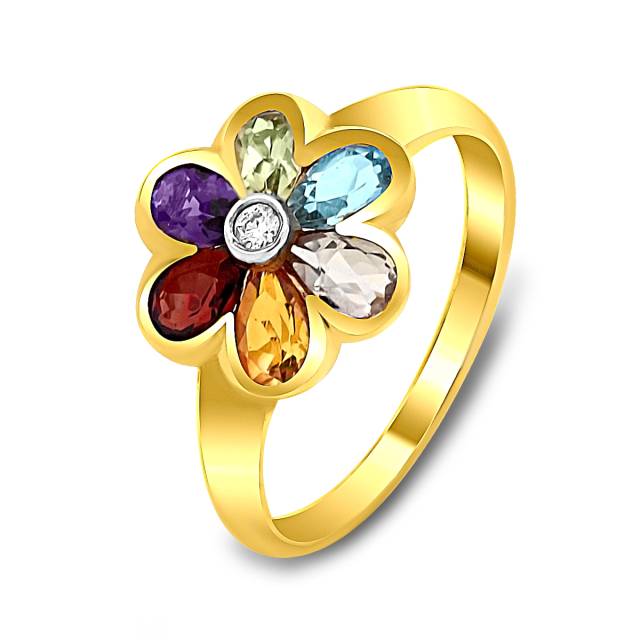 Кольцо из жёлтого золота с бриллиантом и цветными полудрагоценными камнями (021229)