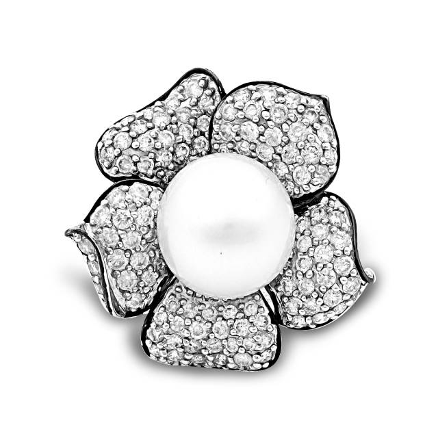 Кольцо из белого золота с бриллиантами и жемчугом (020361)