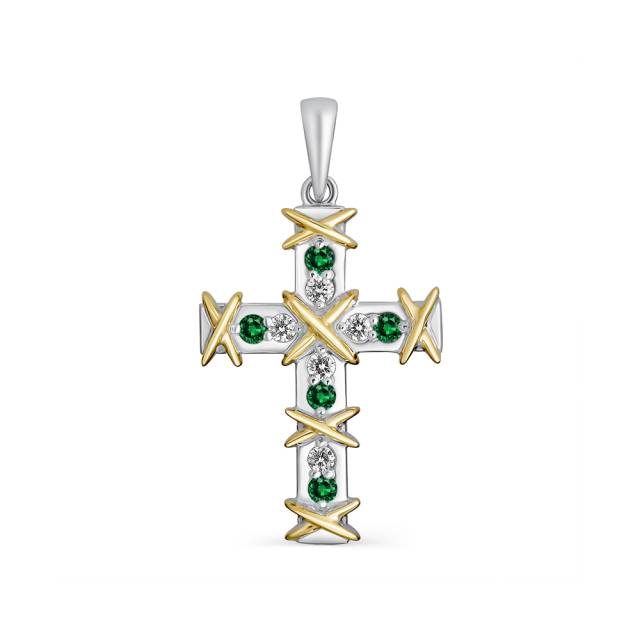 Кулон крест из белого золота с бриллиантами и изумрудами (058410)
