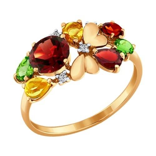 Кольцо из красного золота с полудрагоценными камнями и фианитами (027838)
